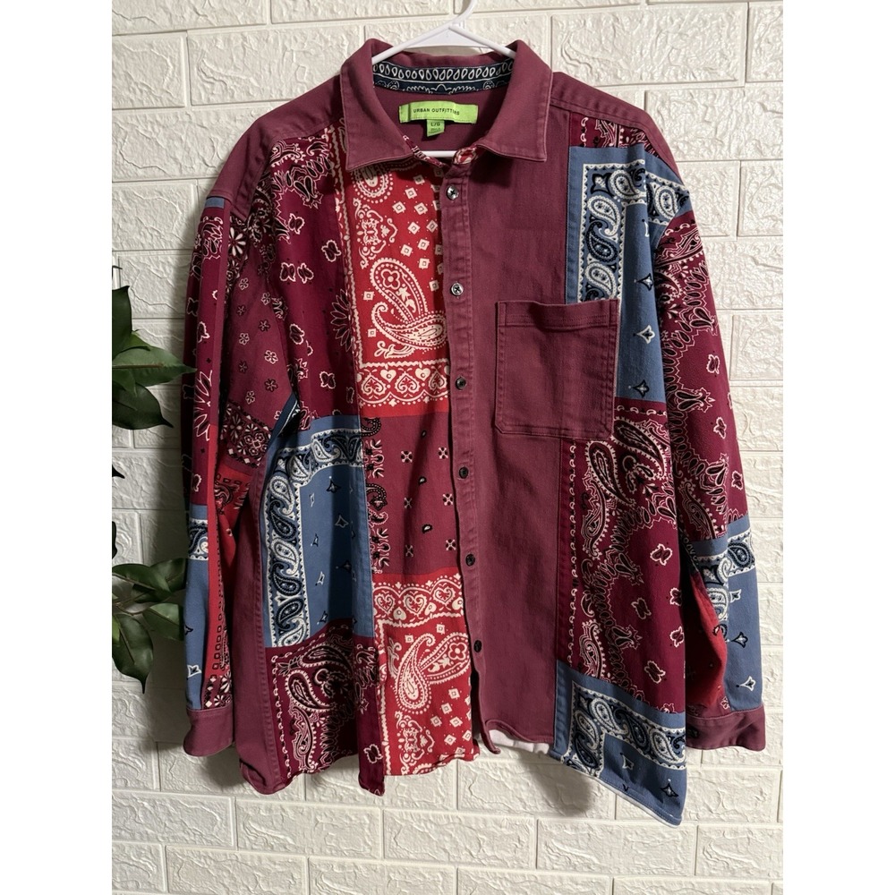 Urban Outfitters Shirt Mens Large Red Blue Patchwork Bandana Button Up Western